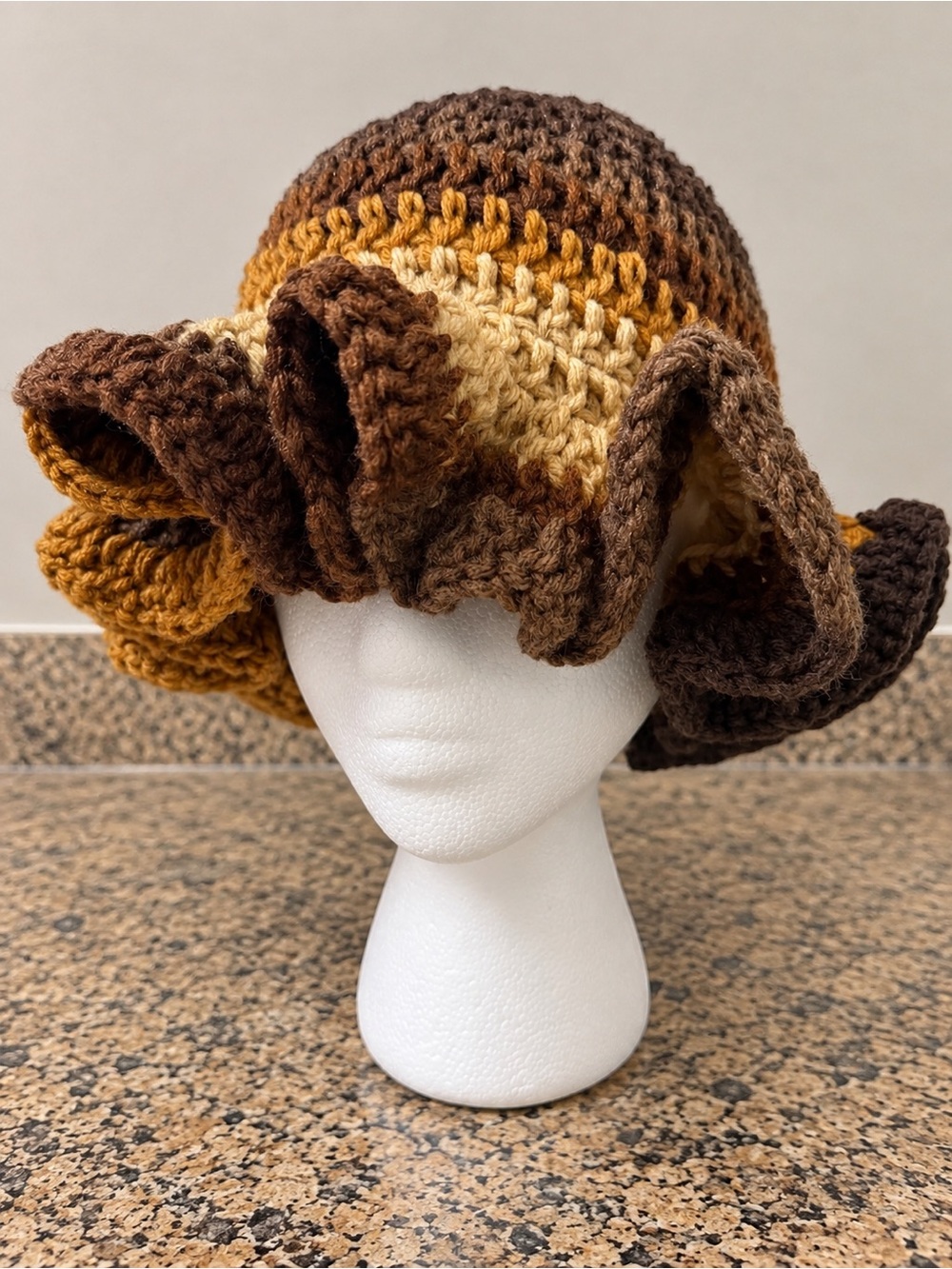 Handmade Crocheted Ruffled Hat - Brown & Cream